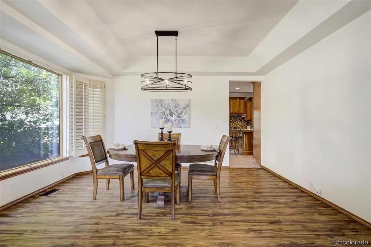 Dining room, Interior, Pendant Lights, Recessed Lighting, Wood Texture Flooring