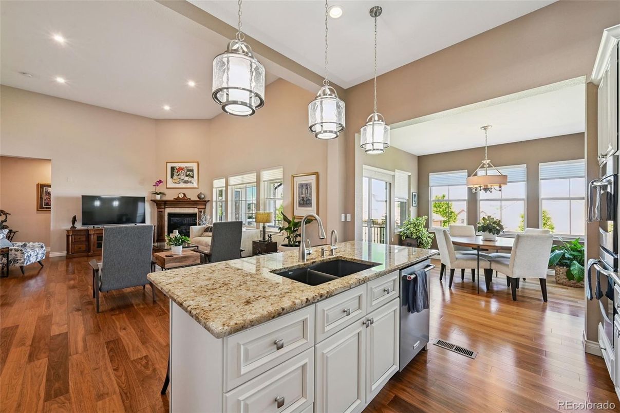 Dining room, Fireplace, Interior, Kitchen, Living room, Pendant Lights, Recessed Lighting, Wood Texture Flooring