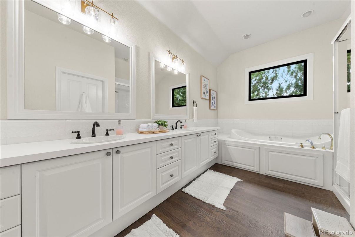 Bathroom, Dual Sink Vanities, Interior, Recessed Lighting, Wood Texture Flooring