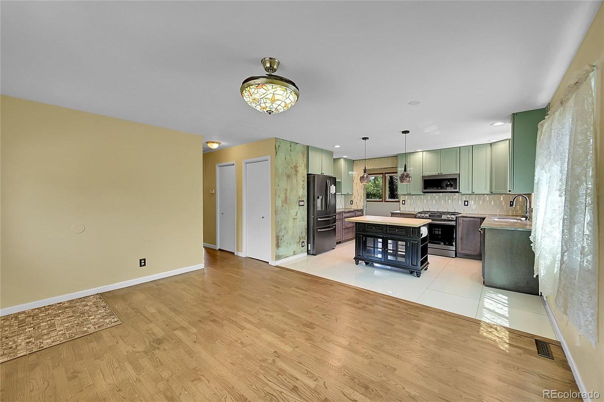 Interior, Kitchen, Pendant Lights, Recessed Lighting, Wood Texture Flooring