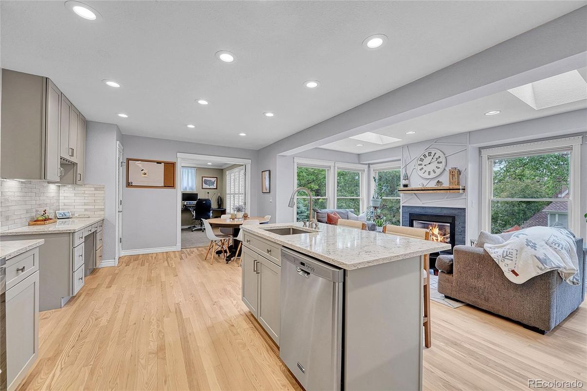 Dining room, Fireplace, Interior, Kitchen, Living room, Recessed Lighting, Wood Texture Flooring