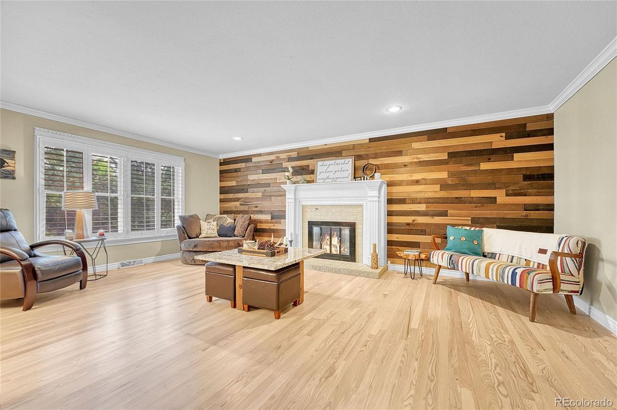 Fireplace, Interior, Living room, Recessed Lighting, Wood Texture Flooring, Wooden Walls