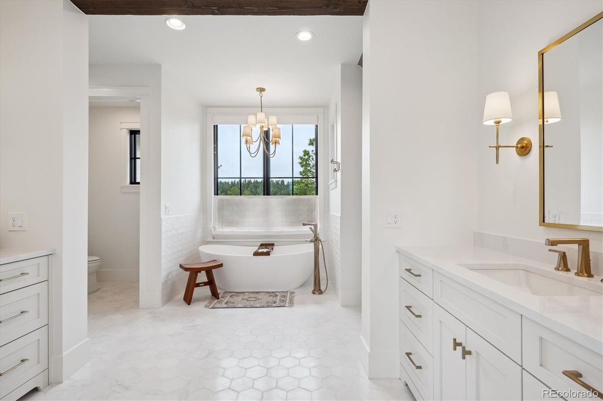 Bathroom, Chandelier, Free Standing Baths, Interior, Marble, Recessed Lighting