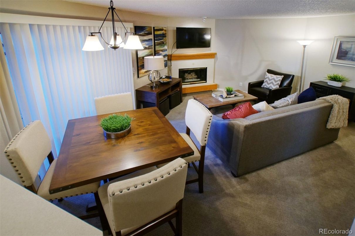 Dining room, Fireplace, Interior, Living room, Pendant Lights