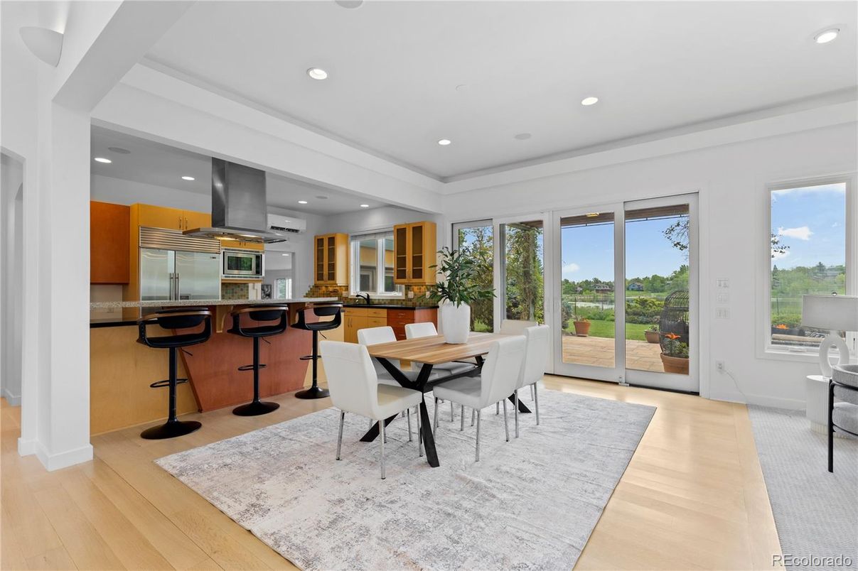 Dining room, Interior, Kitchen, Recessed Lighting, Stainless Steel Appliances, Wood Texture Flooring