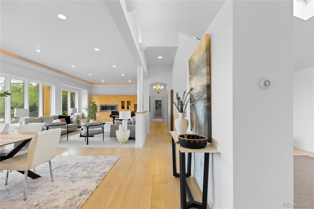 Dining room, Fireplace, Interior, Living room, Pendant Lights, Recessed Lighting, Wood Texture Flooring