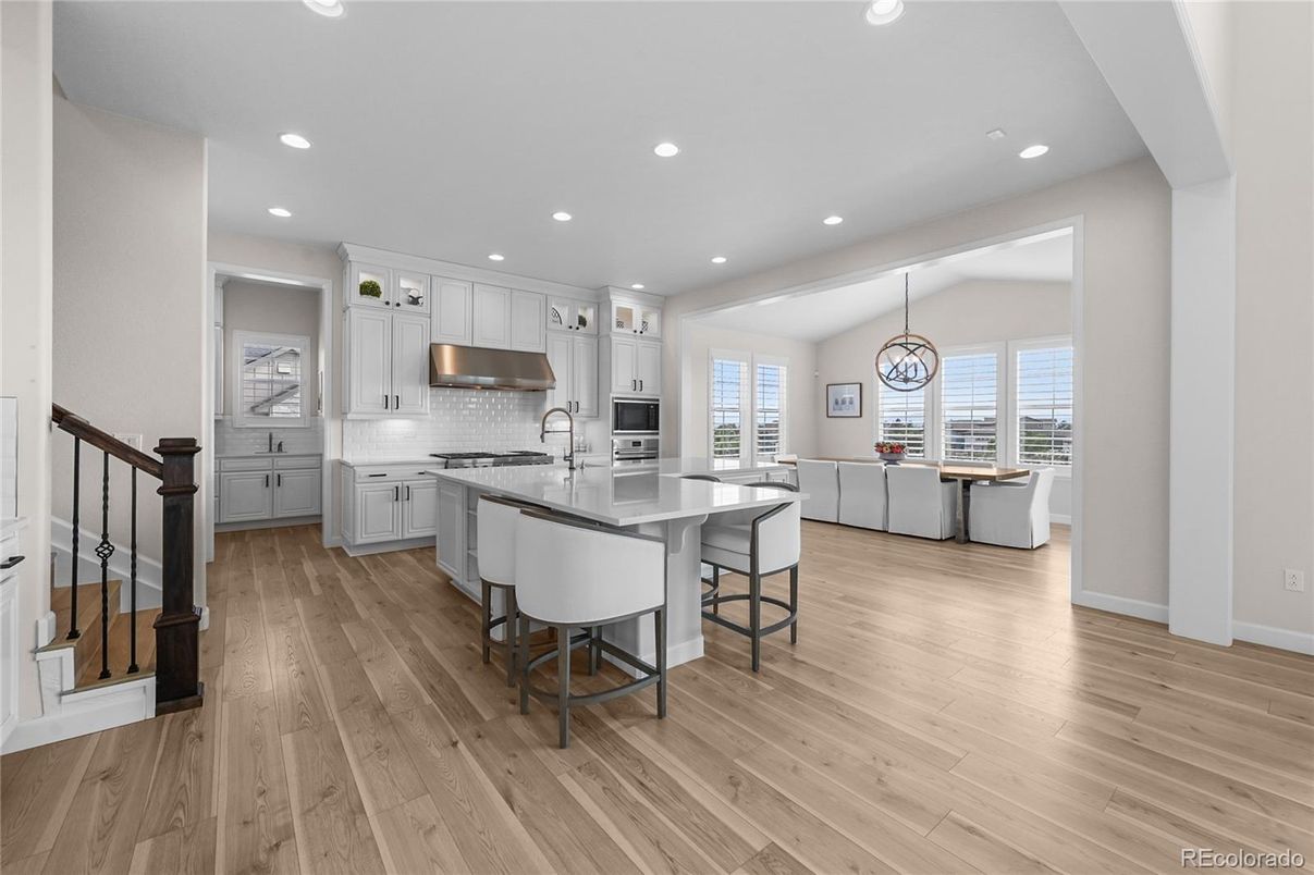 Chandelier, Interior, Kitchen, Recessed Lighting, Stainless Steel Appliances, Wood Texture Flooring