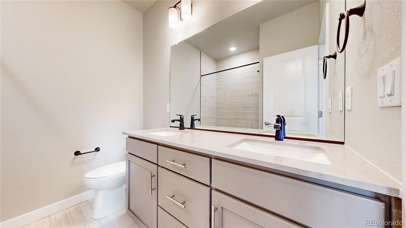 Bathroom, Dual Sink Vanities, Interior, Recessed Lighting, Wood Texture Flooring