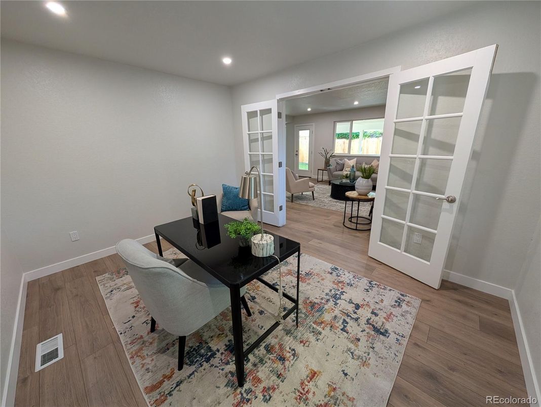 Home Office, Interior, Living room, Recessed Lighting, Wood Texture Flooring
