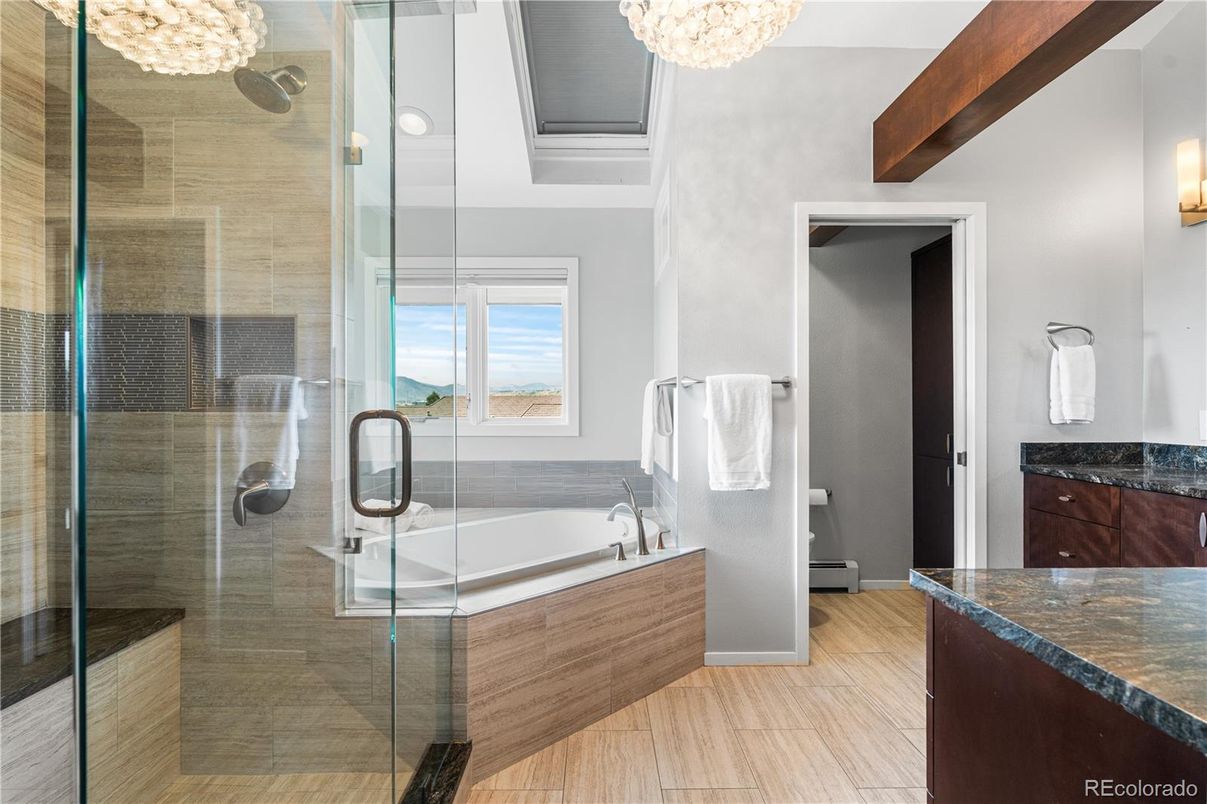 Bathroom, Glass Shower, Interior, Wood Texture Flooring