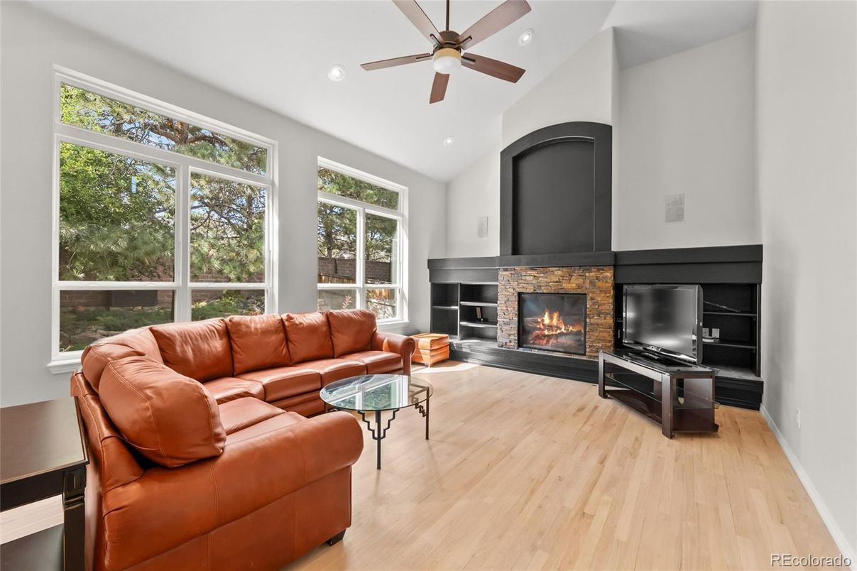 Fireplace, Interior, Living room, Recessed Lighting, Wood Texture Flooring