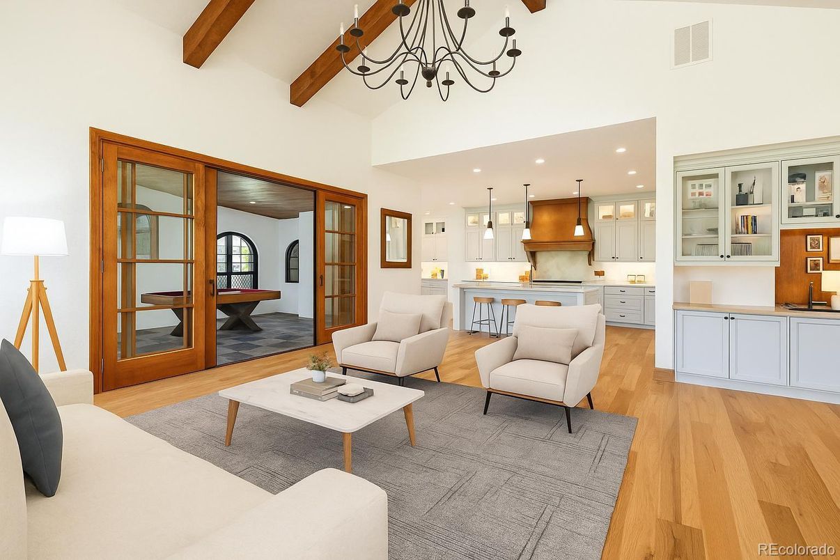 Interior, Kitchen, Living room, Pendant Lights, Recessed Lighting, Wooden Beams, Wood Texture Flooring