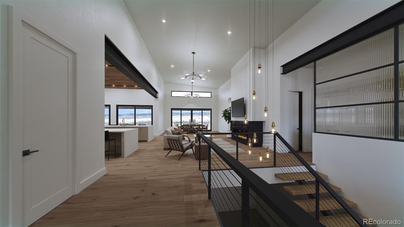 Fireplace, Interior, Living room, Pendant Lights, Recessed Lighting, Wood Texture Flooring