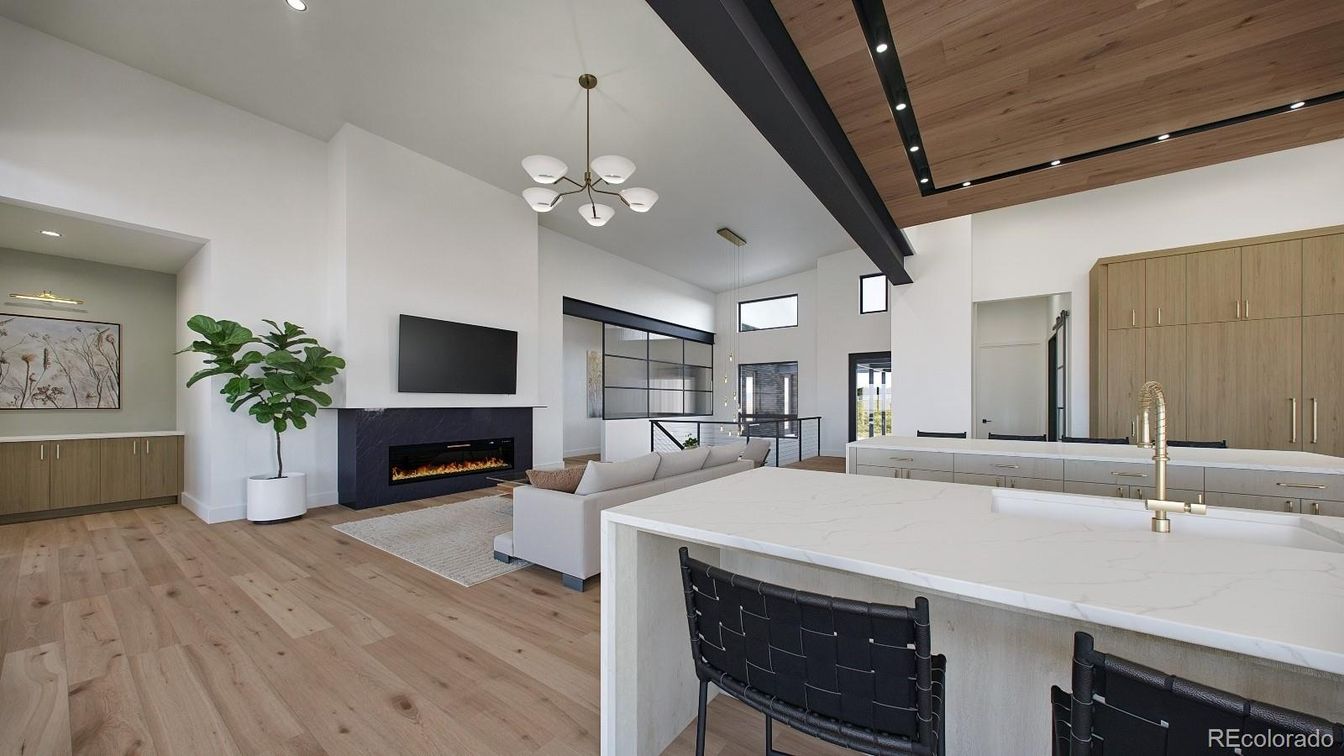 Fireplace, Interior, Kitchen, Living room, Pendant Lights, Recessed Lighting, Wooden Ceilings, Wood Texture Flooring