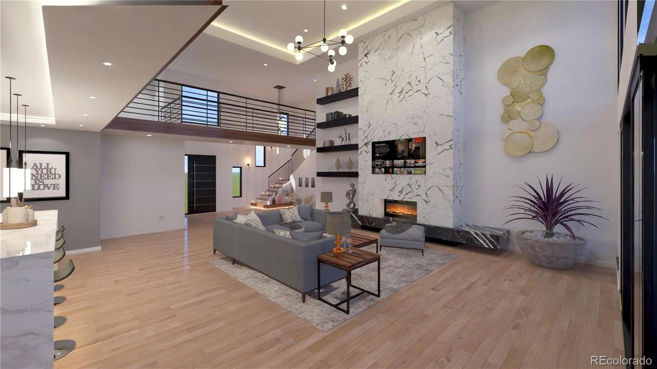 Fireplace, Interior, Living room, Marble Walls, Pendant Lights, Recessed Lighting, Wood Texture Flooring