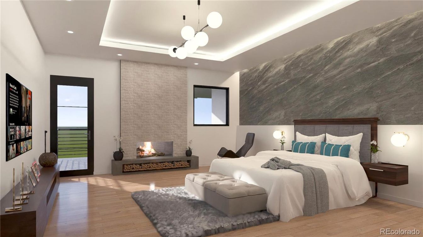 Bedroom, Fireplace, Interior, Pendant Lights, Recessed Lighting, Wood Texture Flooring