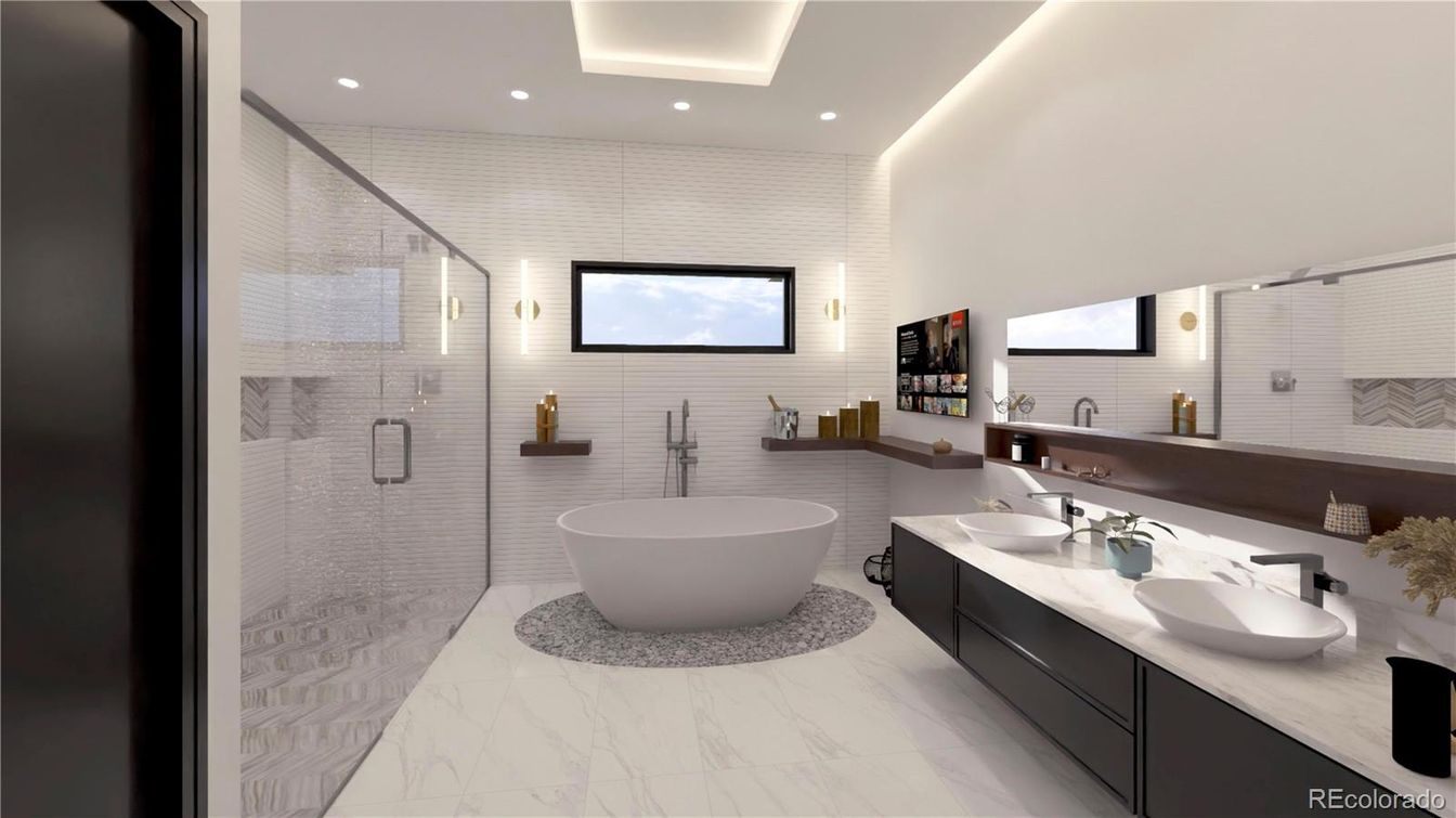 Bathroom, Dual Sink Vanities, Free Standing Baths, Glass Shower, Interior, Marble, Recessed Lighting