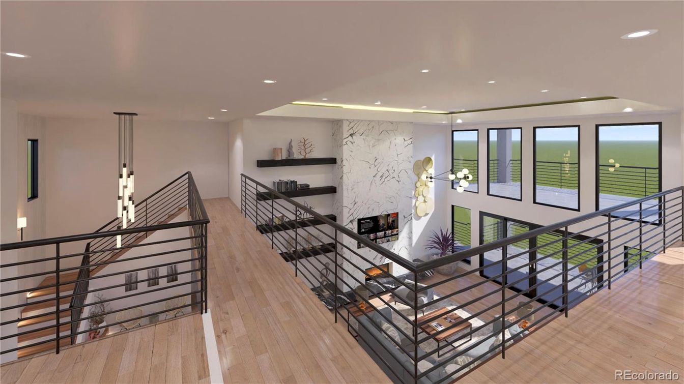 Fireplace, Interior, Marble Walls, Recessed Lighting, Wood Texture Flooring