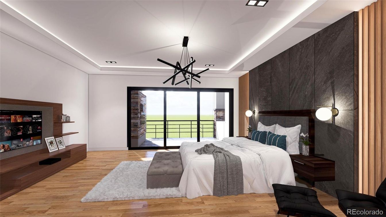Bedroom, Interior, Pendant Lights, Recessed Lighting, Wood Texture Flooring