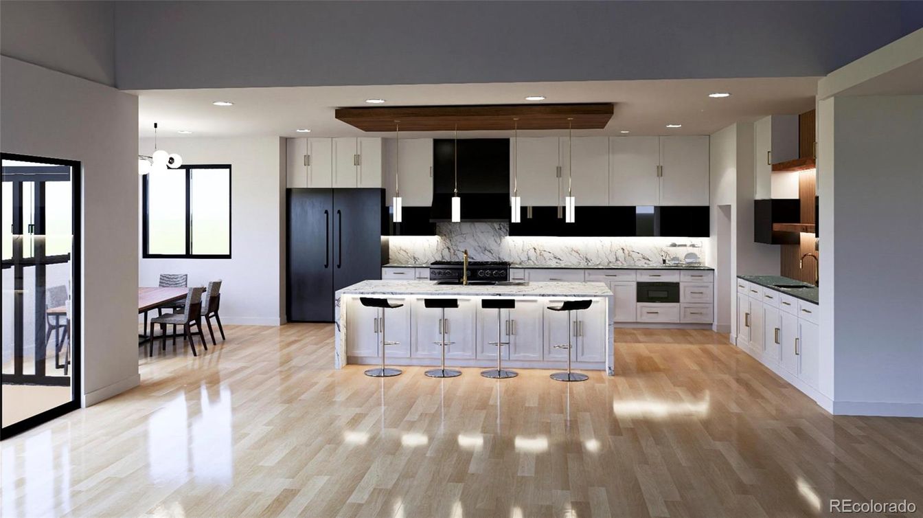 Dining room, Interior, Kitchen, Marble Walls, Pendant Lights, Recessed Lighting, Stainless Steel Appliances, Wood Texture Flooring
