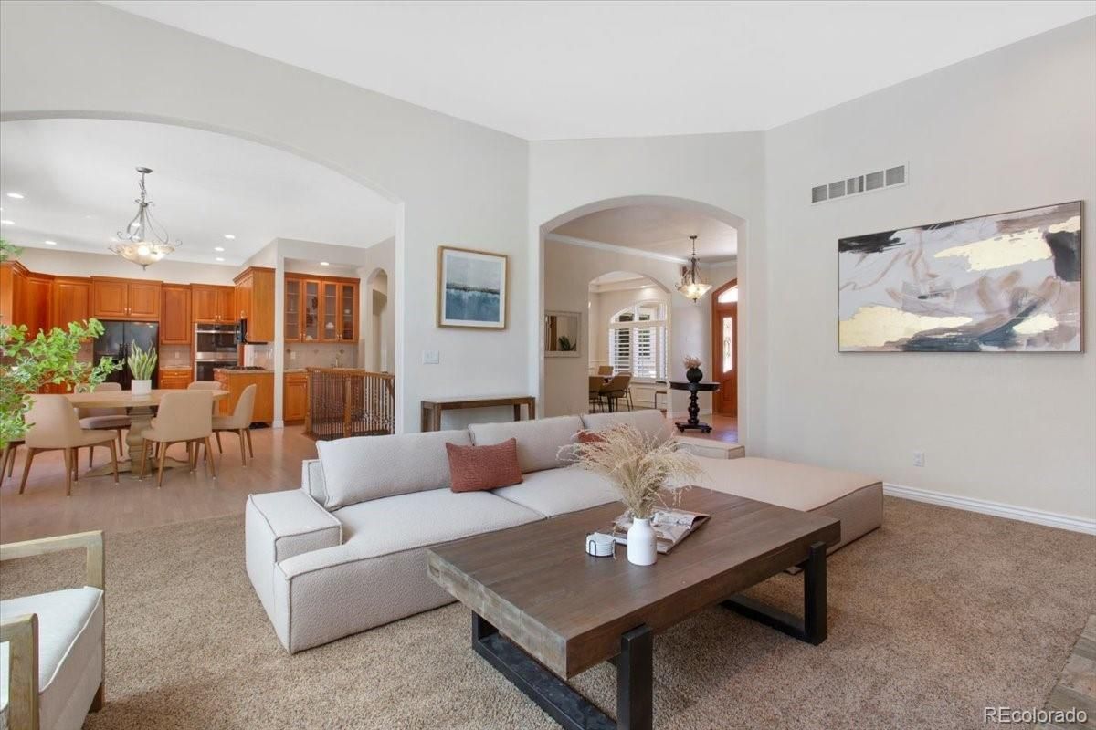 Chandelier, Dining room, Interior, Kitchen, Living room, Pendant Lights, Recessed Lighting, Stainless Steel Appliances
