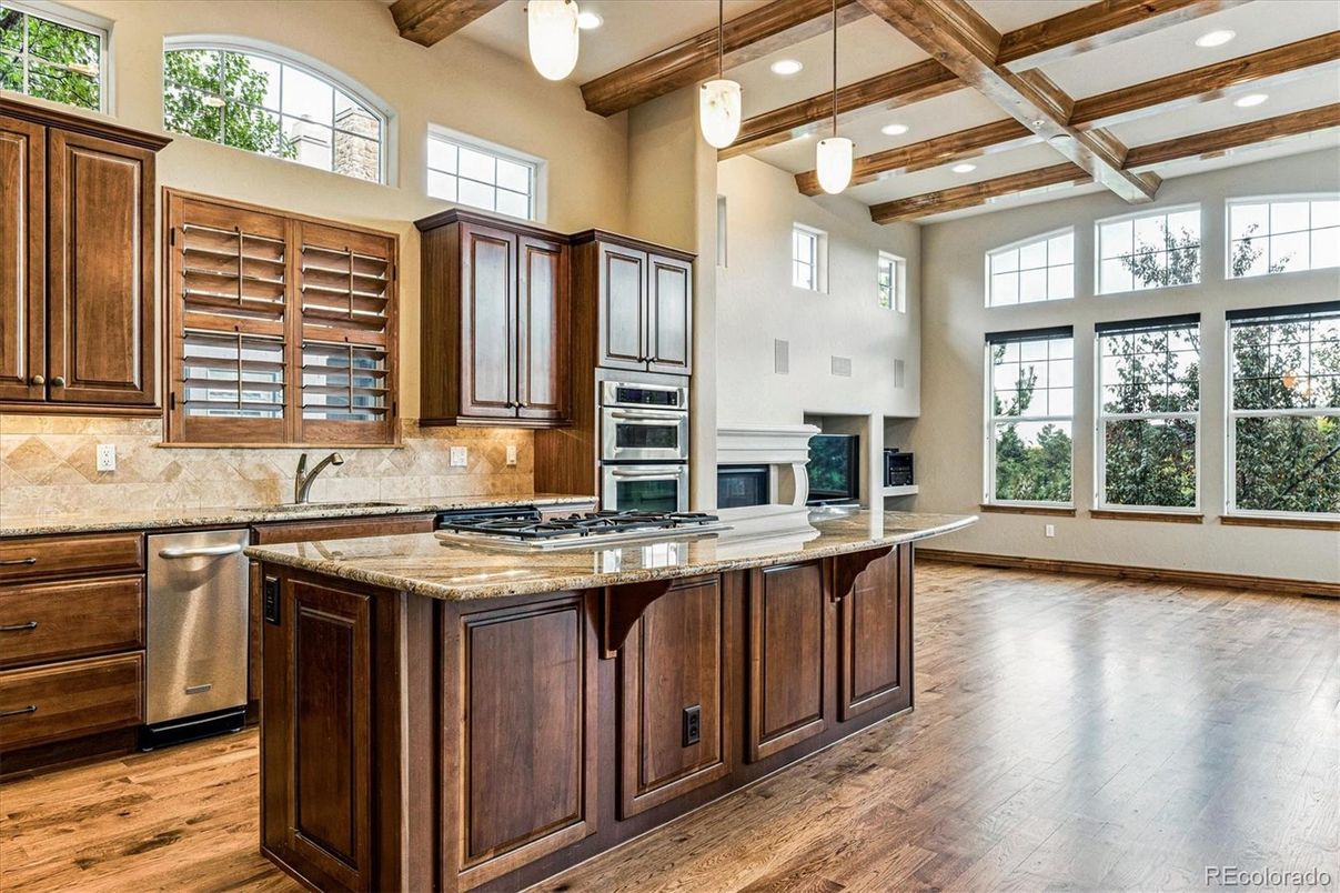 Interior, Kitchen, Pendant Lights, Recessed Lighting, Stainless Steel Appliances, Wooden Beams, Wood Texture Flooring