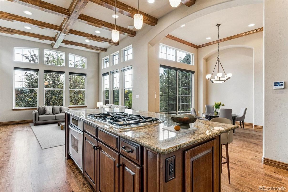 Chandelier, Dining room, Interior, Kitchen, Living room, Pendant Lights, Recessed Lighting, Wooden Beams, Wood Texture Flooring