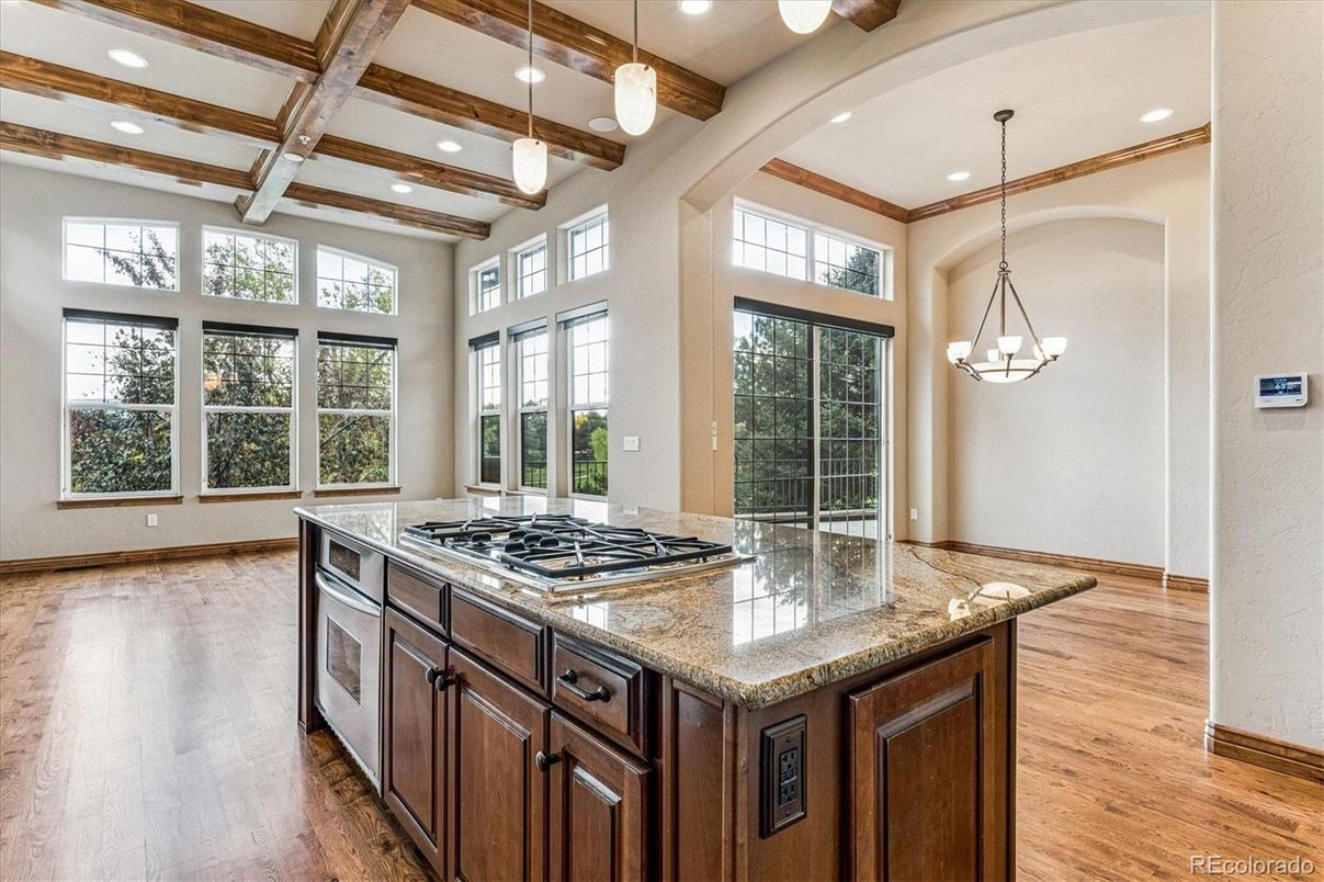 Chandelier, Interior, Kitchen, Pendant Lights, Recessed Lighting, Wooden Beams, Wood Texture Flooring