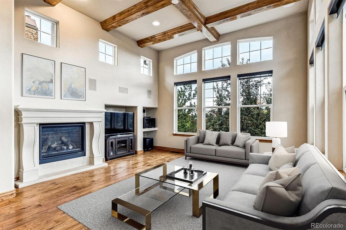 Fireplace, Interior, Living room, Recessed Lighting, Wooden Beams, Wood Texture Flooring