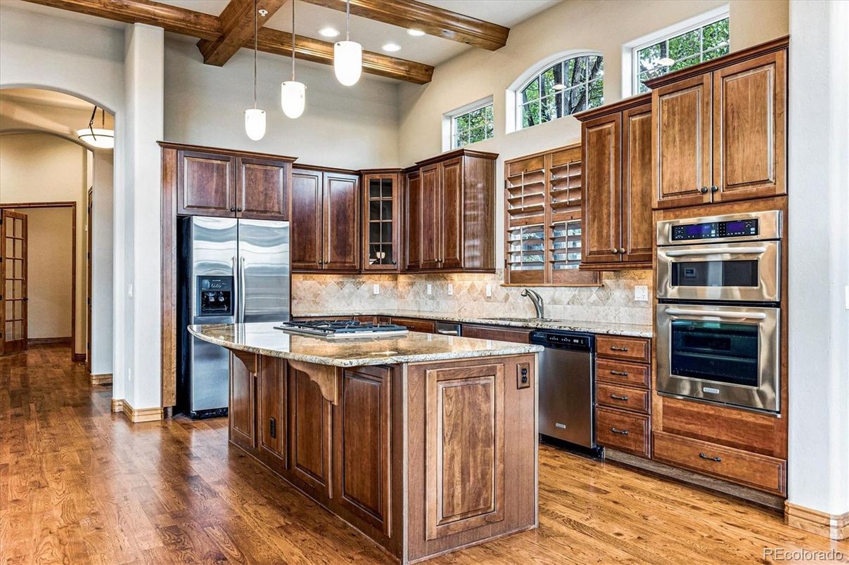 Interior, Kitchen, Pendant Lights, Recessed Lighting, Stainless Steel Appliances, Wooden Beams, Wood Texture Flooring