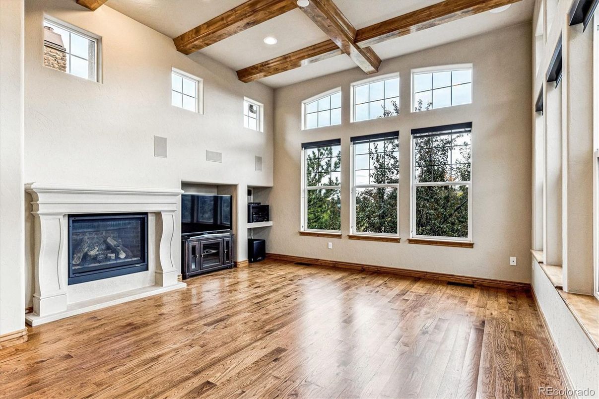 Empty room, Fireplace, Interior, Recessed Lighting, Wooden Beams, Wood Texture Flooring