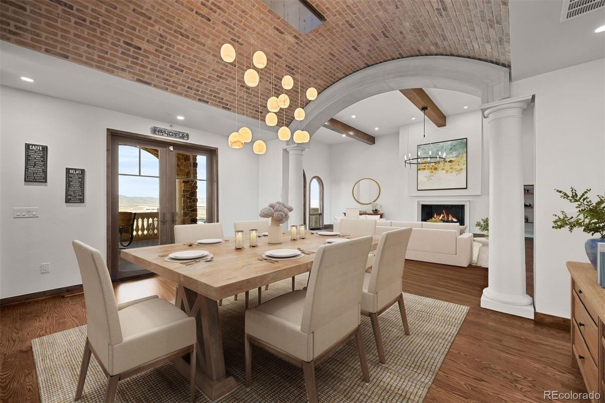Dining room, Fireplace, Interior, Pendant Lights, Recessed Lighting, Wooden Beams, Wood Texture Flooring