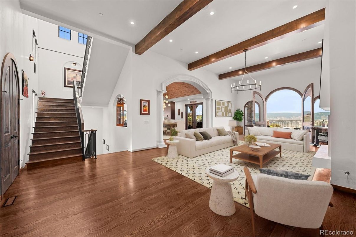 Chandelier, Interior, Living room, Pendant Lights, Recessed Lighting, Wooden Beams, Wood Texture Flooring