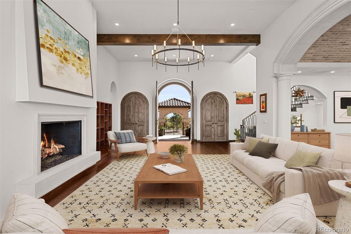Chandelier, Fireplace, Interior, Living room, Recessed Lighting, Wooden Beams, Wood Texture Flooring