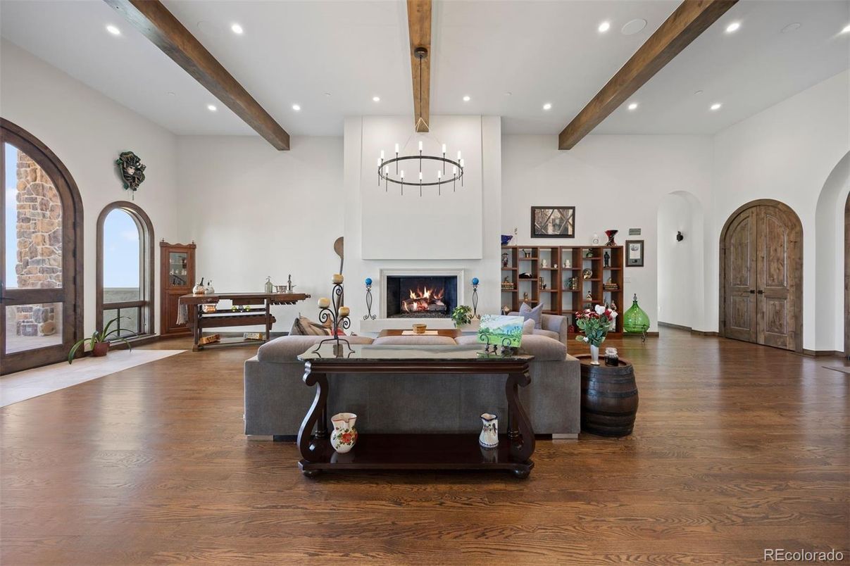 Chandelier, Fireplace, Interior, Living room, Recessed Lighting, Wooden Beams, Wood Texture Flooring