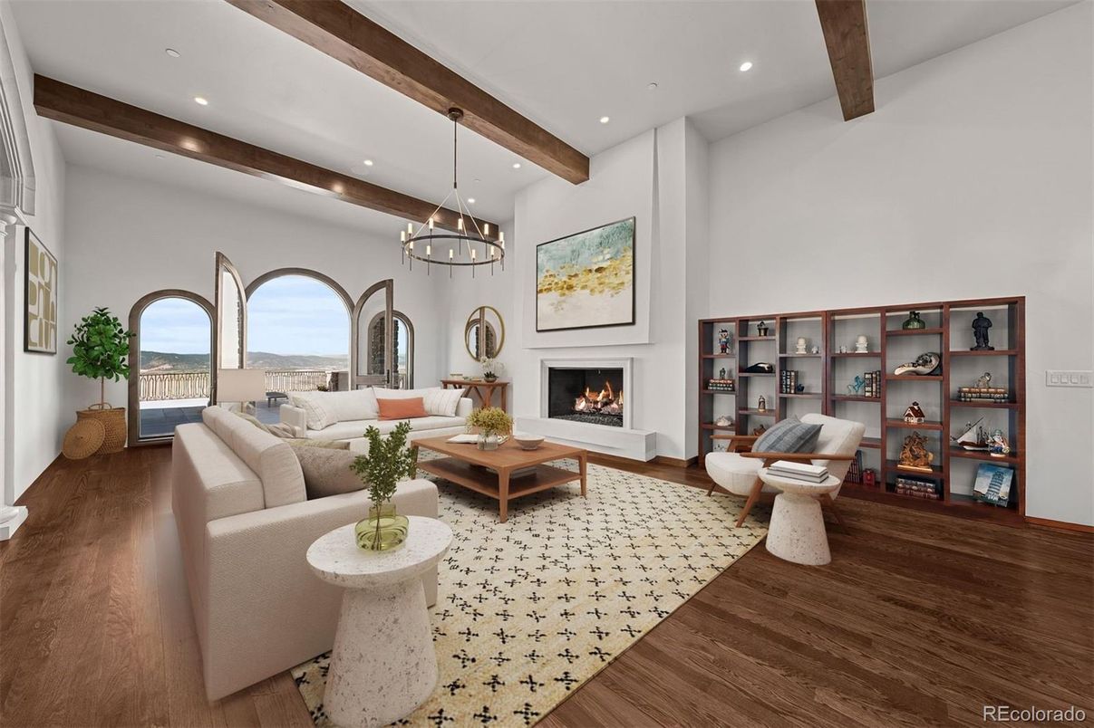 Chandelier, Fireplace, Interior, Living room, Recessed Lighting, Wooden Beams, Wood Texture Flooring