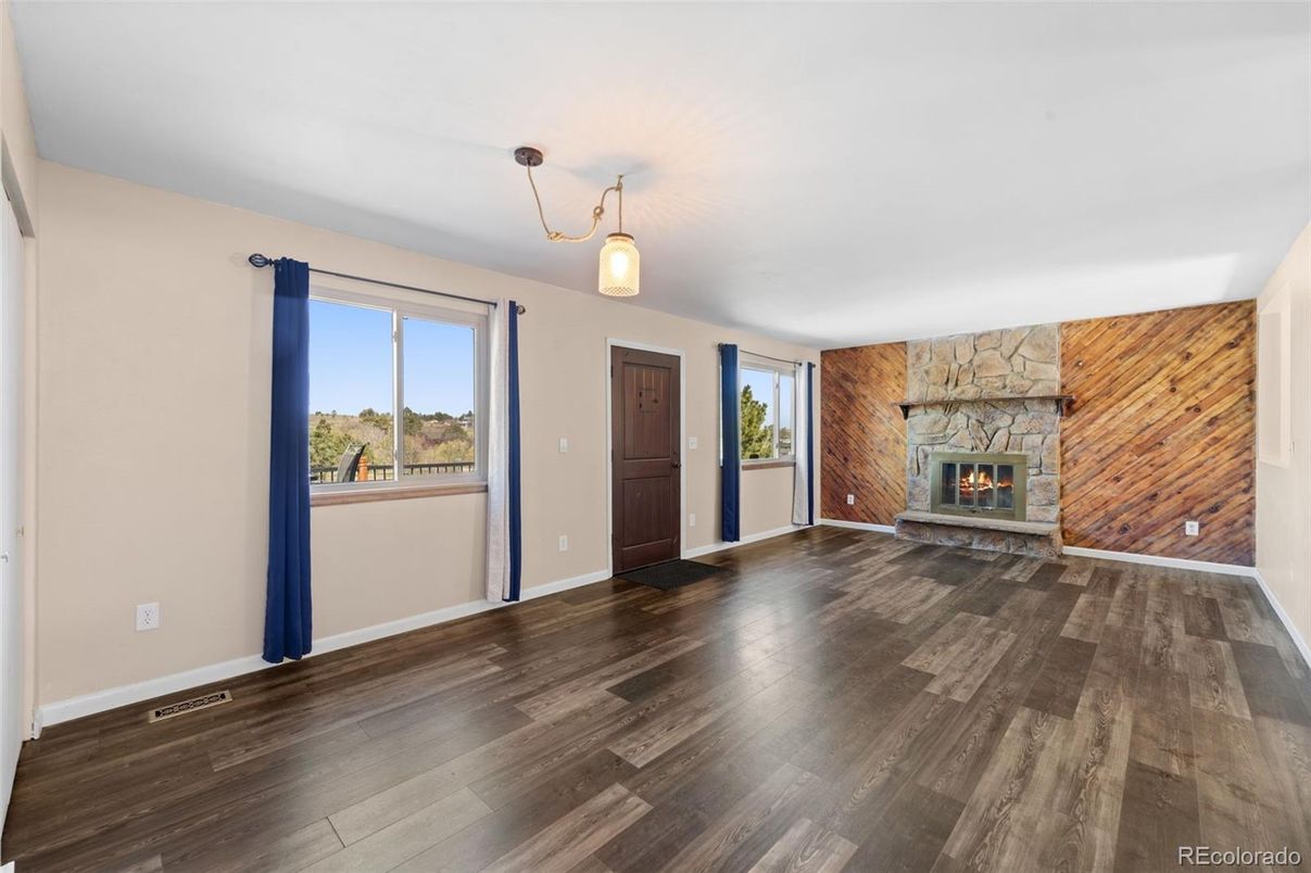 Empty room, Fireplace, Interior, Pendant Lights, Wood Texture Flooring, Wooden Walls