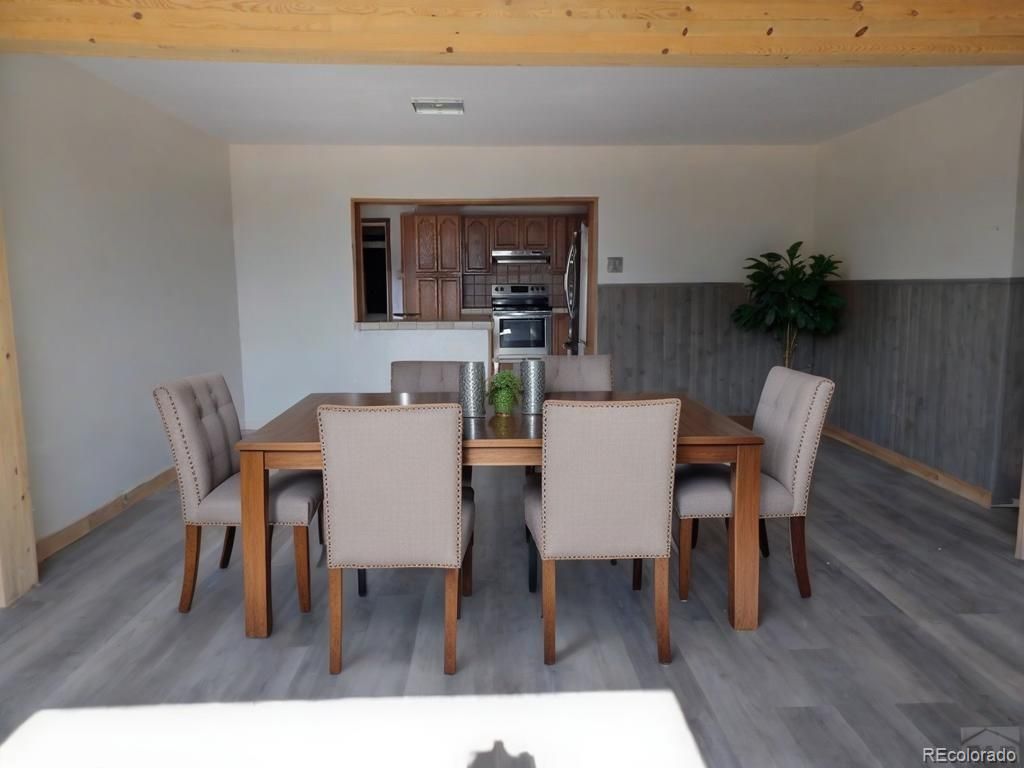 Dining room, Interior, Kitchen, Stainless Steel Appliances, Wooden Beams, Wood Texture Flooring