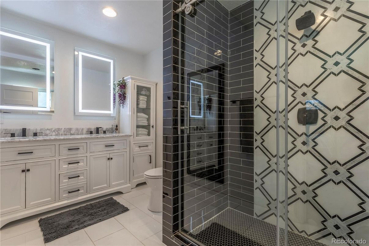 Bathroom, Dual Sink Vanities, Glass Shower, Interior, Recessed Lighting