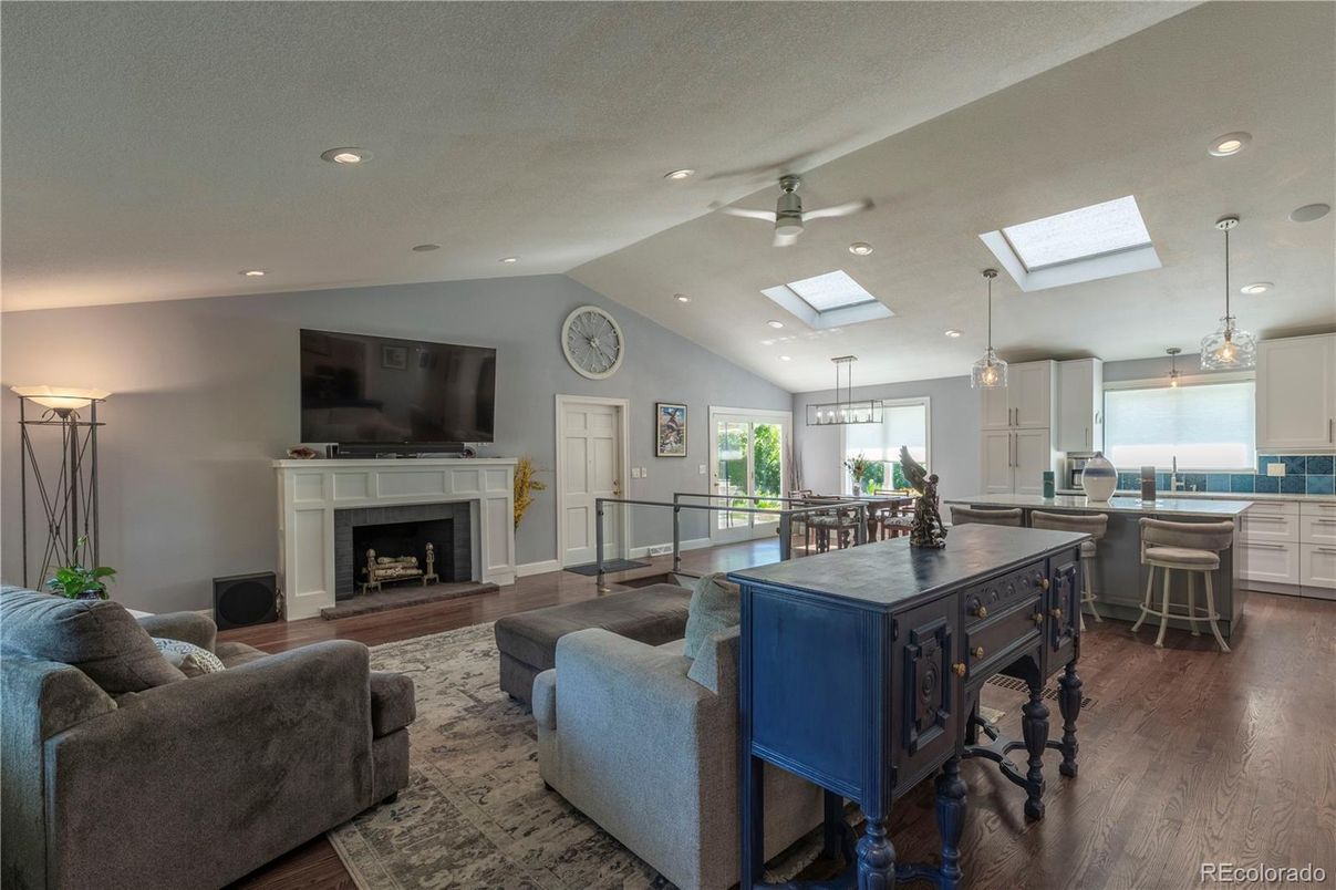 Fireplace, Interior, Kitchen, Living room, Pendant Lights, Recessed Lighting, Wood Texture Flooring