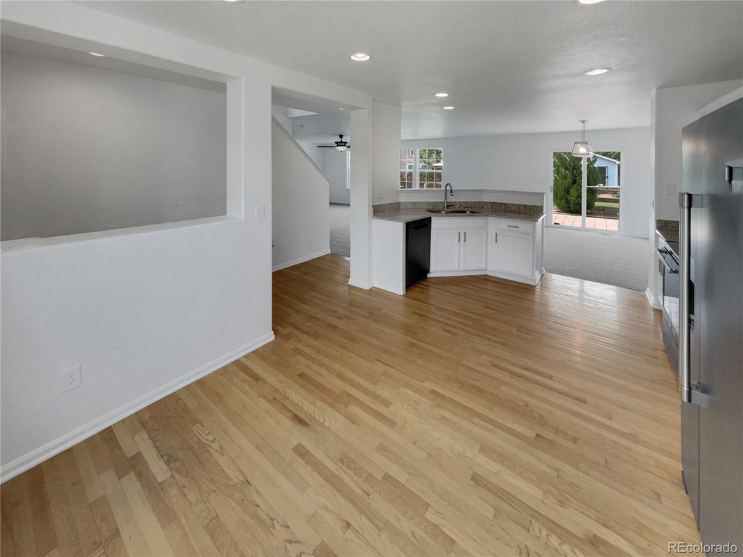 Empty room, Interior, Kitchen, Pendant Lights, Recessed Lighting, Wood Texture Flooring