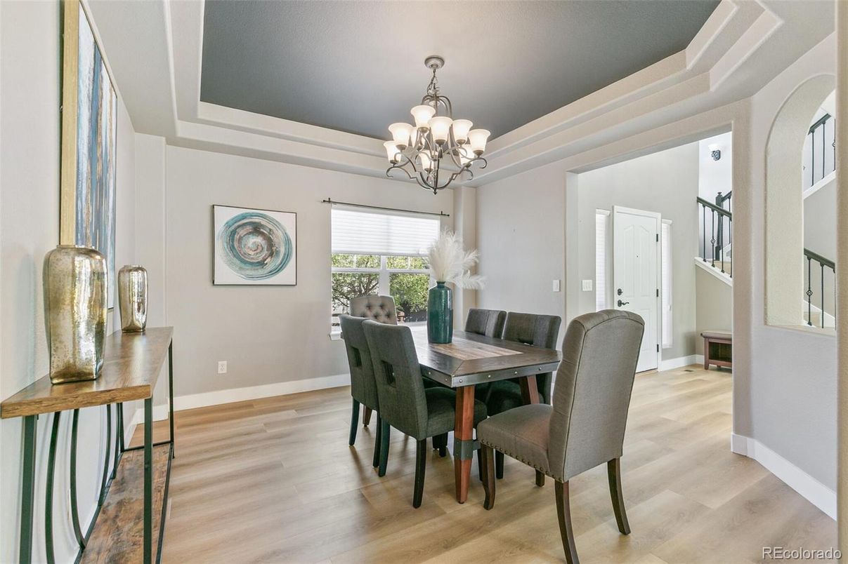 Chandelier, Dining room, Interior, Wood Texture Flooring