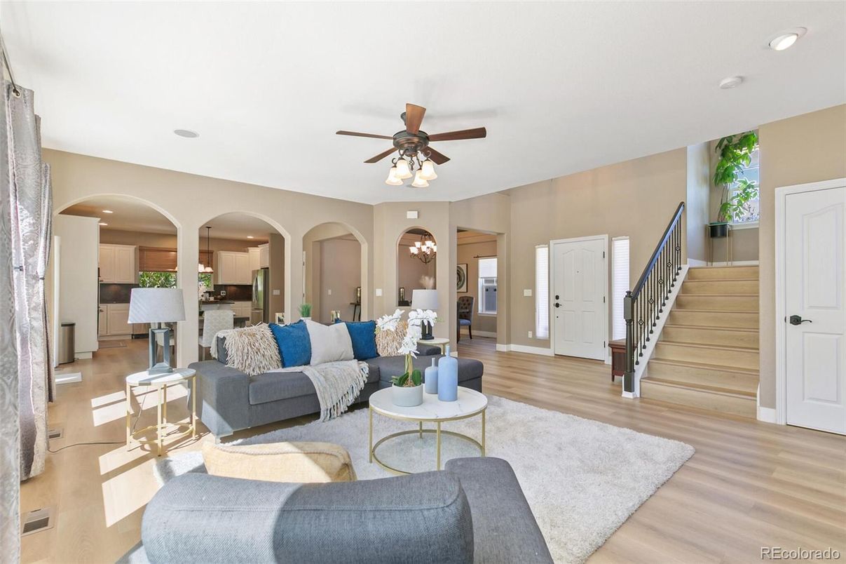 Interior, Kitchen, Living room, Recessed Lighting, Stainless Steel Appliances, Wood Texture Flooring