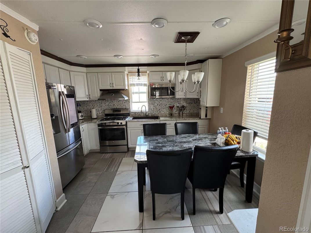 Interior, Kitchen, Marble, Pendant Lights, Recessed Lighting, Stainless Steel Appliances