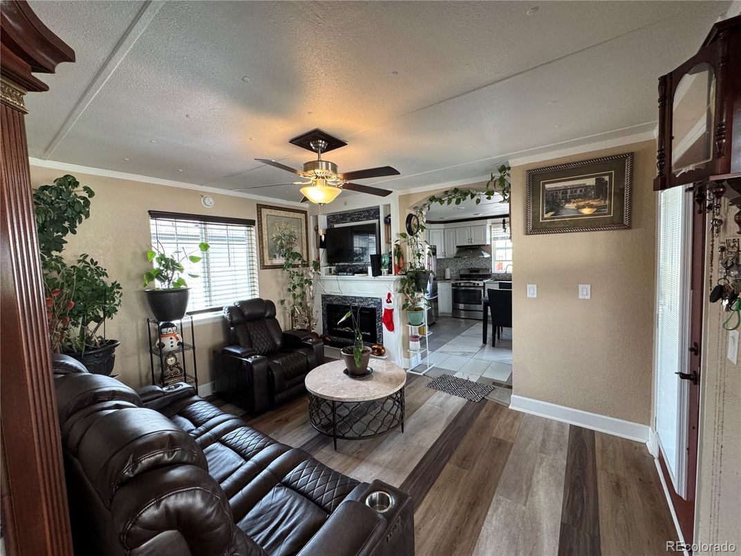 Home Theatre Room, Fireplace, Interior, Kitchen, Living room, Wood Texture Flooring