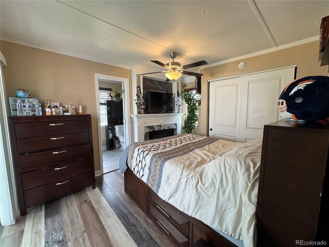 Bedroom, Fireplace, Interior, Wood Texture Flooring