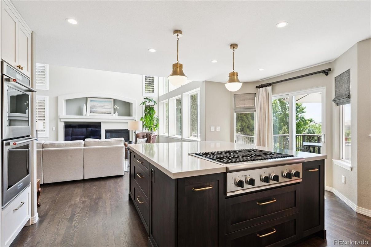 Fireplace, Interior, Kitchen, Living room, Pendant Lights, Recessed Lighting, Stainless Steel Appliances, Wood Texture Flooring