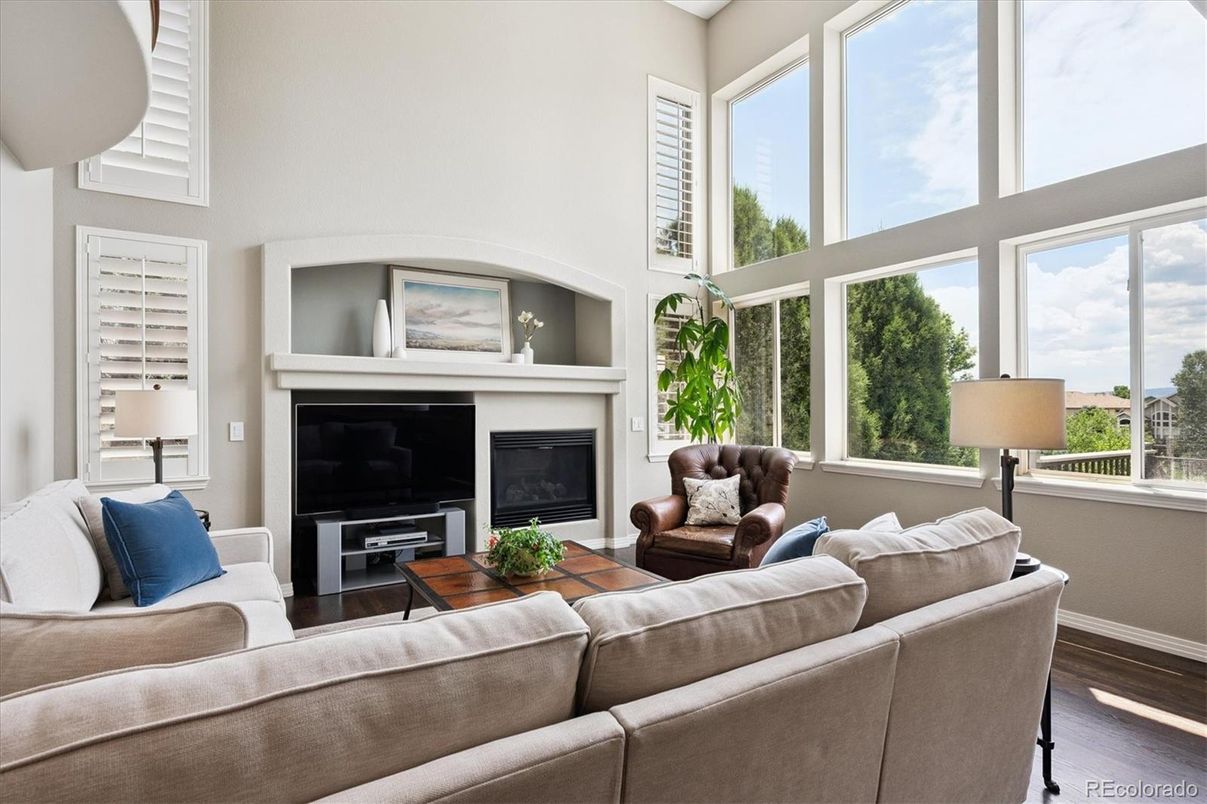 Fireplace, Interior, Living room, Sun Room, Wood Texture Flooring