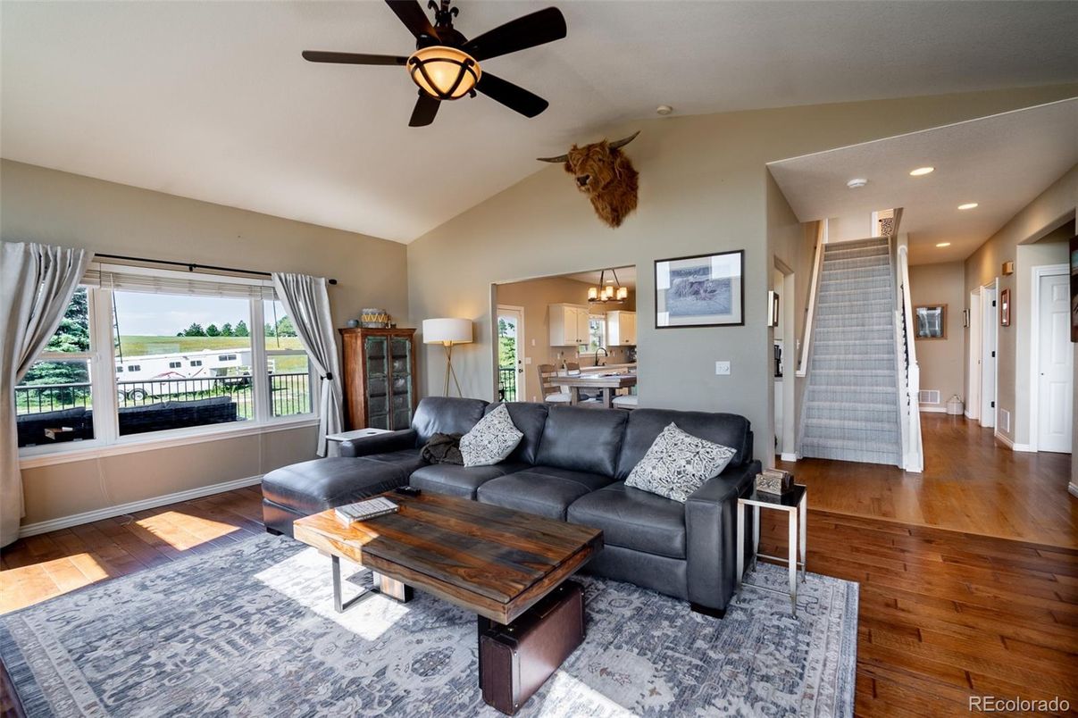 Dining room, Interior, Living room, Pendant Lights, Recessed Lighting, Wood Texture Flooring