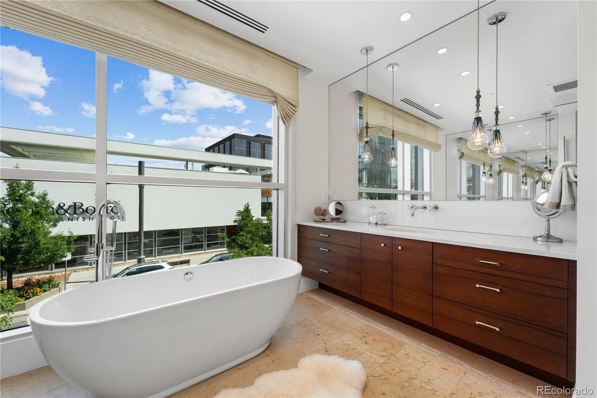Bathroom, Dual Sink Vanities, Free Standing Baths, Interior, Pendant Lights, Recessed Lighting